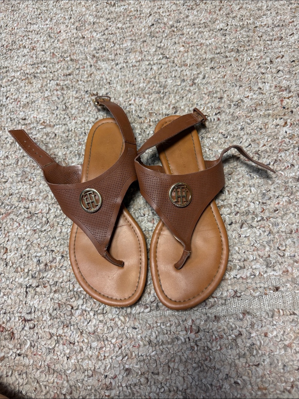Tommy Hilfiger Brown Leather Thong Sandals with Logo Medallion